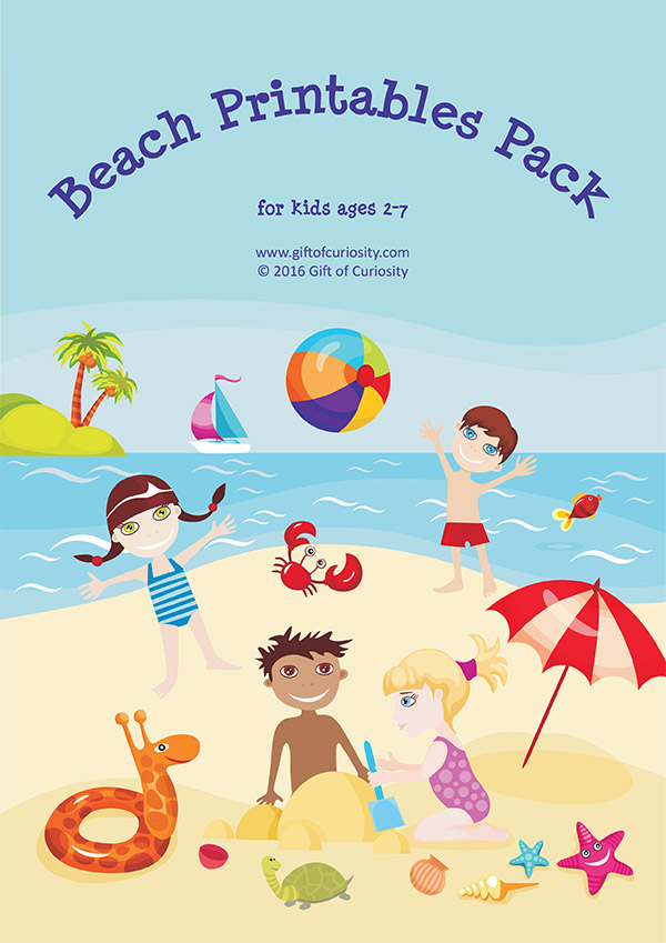 Beach Printables Pack with 75 beach activities focused on shapes, sizes, colors, puzzles, mazes, fine motor, math, and literacy. Great beach activities for ages 2-7! I love how this pack can be used for so many ages. || Gift of Curiosity