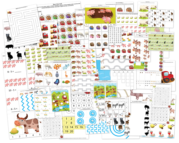 The Farm Printable Pack from Gift of Curiosity includes 63 activities for kids ages 2-7 focused on skills such as shapes and colors, same vs. different, sorting / sequencing / categorizing, puzzles, mazes, fine motor, math, and literacy. 