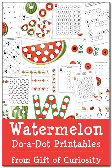 Watermelon Do-a-Dot Printables: 19 pages of watermelon do-a-dot worksheets that will help kids practice one-to-one correspondence, shapes, colors, patterning, letters, and numbers. #DoADot #watermelon #freeprintables || Gift of Curiosity