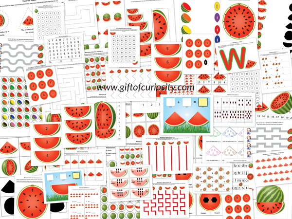 Watermelon Printables Pack containing 69 watermelon-themed activities for kids ages 2-7. Perfect for summer learning!|| Gift of Curiosity