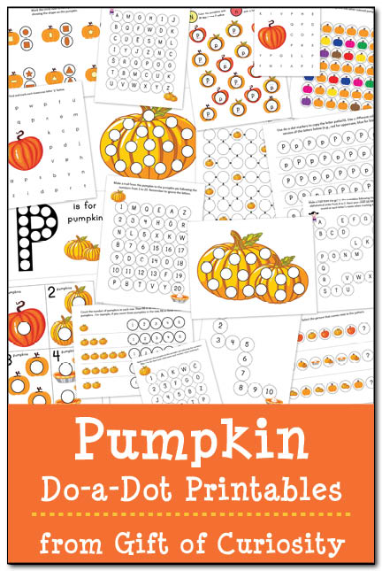 Free Pumpkin Do-a-Dot printables featuring 19 pages of activities to celebrate the season while helping your young children learn a variety of skills. #DoADot #freeprintables #pumpkins #halloween || Gift of Curiosity