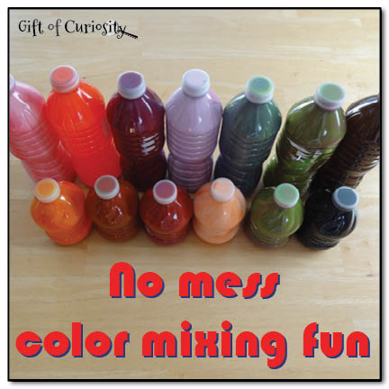 No mess color mixing fun. This is such a fun way to use old plastic bottles to teach kids about color mixing (and to give them some exercise as well!) || Gift of Curiosity
