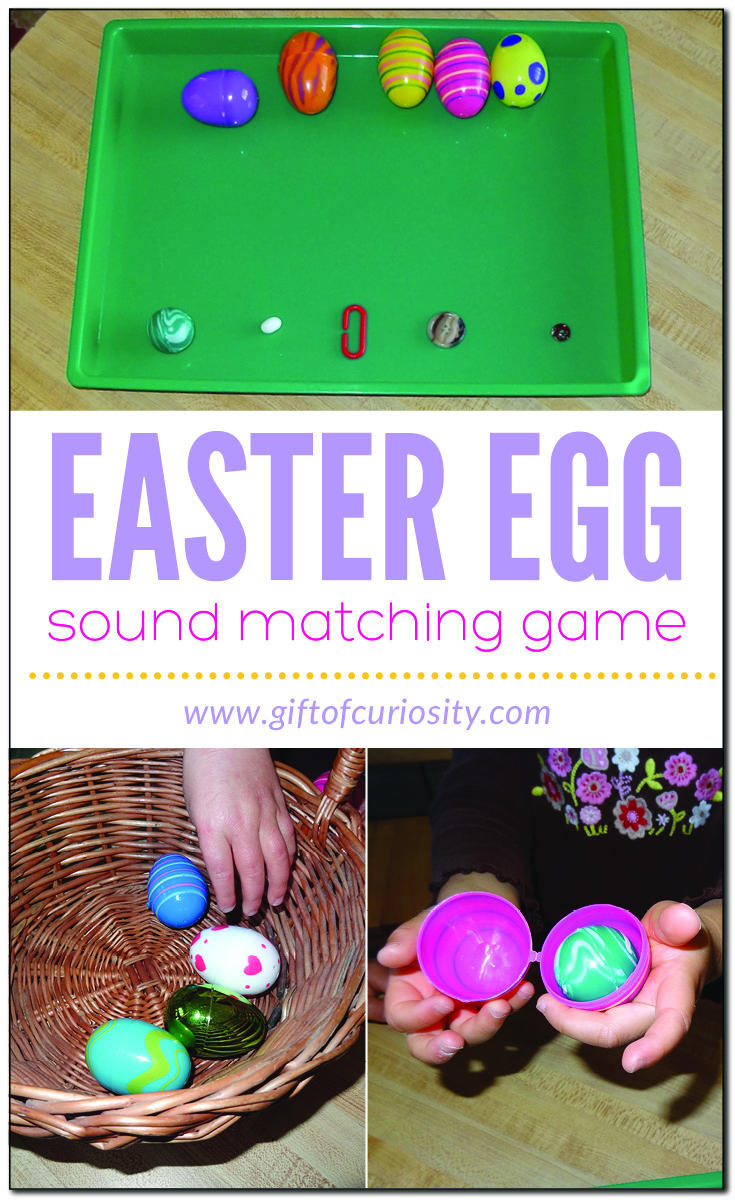 Easter egg sound matching game: Hide objects in plastic eggs and have kids identify the object's match based on sound | #Easter #preschool #Montessori || Gift of Curiosity