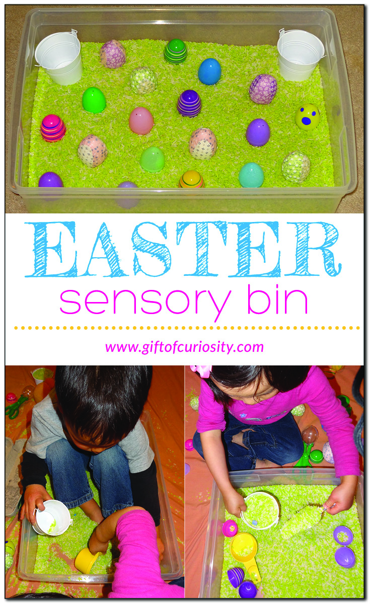 Easter sensory bin for preschoolers #preschool #ece #sensorybins #sensoryplay #sensorytubs #messyplay #Easter #GiftOfCuriosity || Gift of Curiosity
