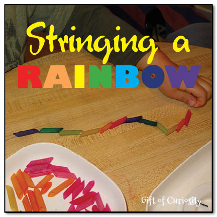 Rainbow colored necklace using colored noodles and fishing line.