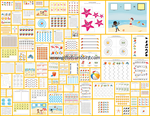 Beach Printables Pack with 75 beach activities focused on shapes, sizes, colors, puzzles, mazes, fine motor, math, and literacy. Great beach activities for ages 2-7! I love how this pack can be used for so many ages. || Gift of Curiosity
