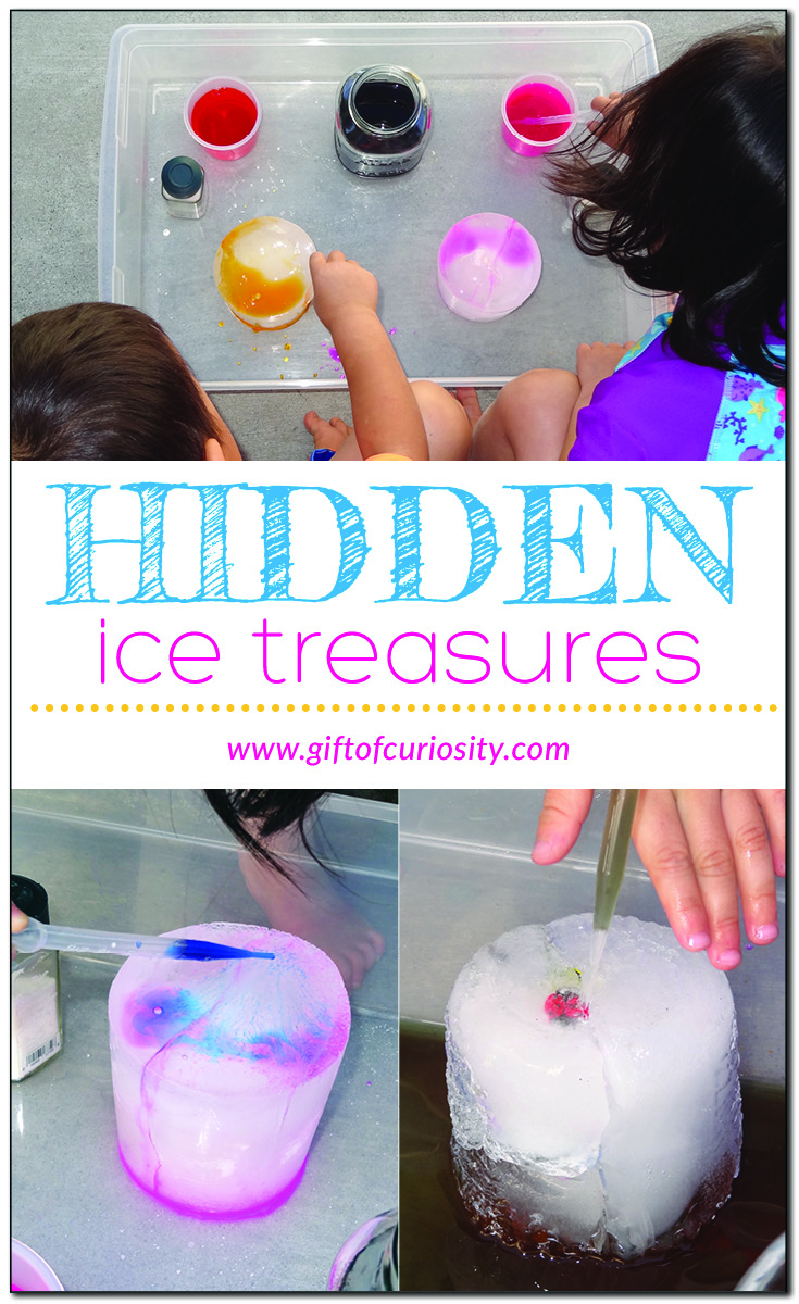 Ice activities - freeze small objects in a large block of ice and give kids colored water and salt to melt the block and find their treasures || Gift of Curiosity