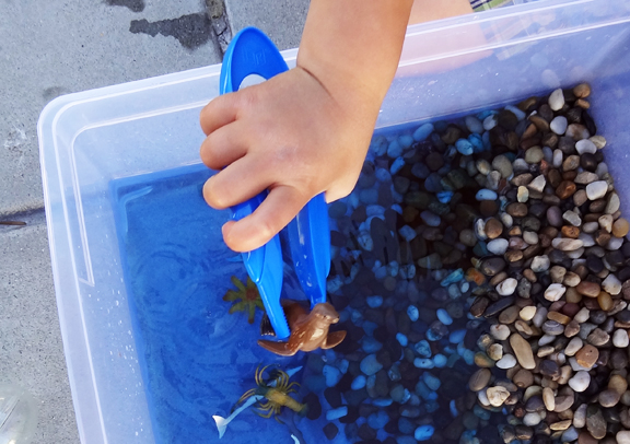 2 ocean sensory bins - one using rocks and water and one using blue gelatin || Gift of Curiosity