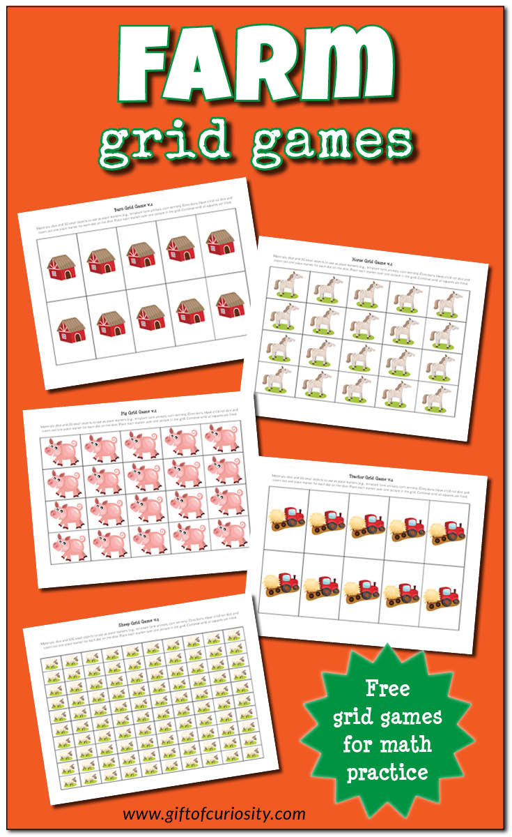 Free Farm Grid Games printable with 10-grid, 20-grid, and 100-grid options to help children work on basic math skills. Great for a preschool or kindergarten farm unit! || Gift of Curiosity