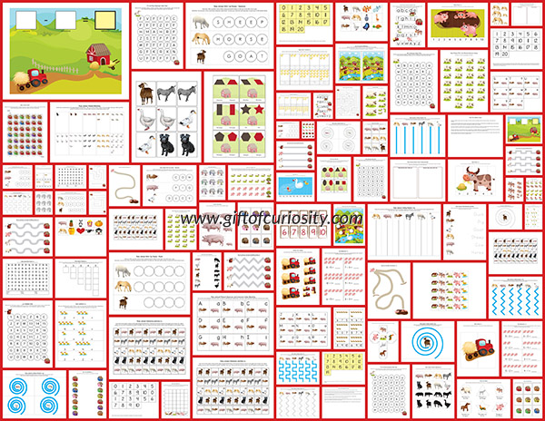 Farm Printables Pack with 75 farm animal-themed worksheets and activities for kids ages 2 to 7. This pack is a great way for kids to practice basic skills while also learning the names of common farm animals including cows, horses, sheep, goats, pigs, and more. | #farm #printables || Gift of Curiosity