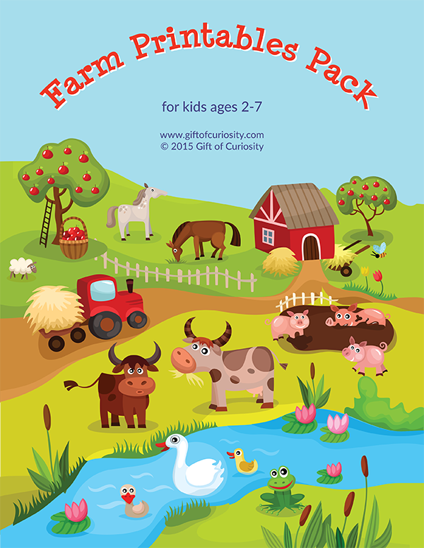 Farm Printables Pack with 75 farm animal-themed worksheets and activities for kids ages 2 to 7. This pack is a great way for kids to practice basic skills while also learning the names of common farm animals including cows, horses, sheep, goats, pigs, and more. | #farm #printables || Gift of Curiosity