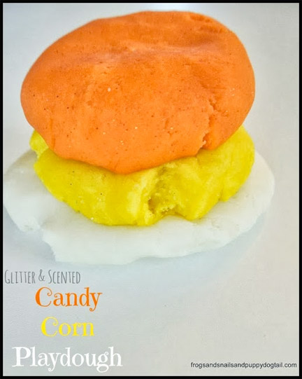 Halloween sensory play ideas: Glitter and scented candy corn play dough from FSPDT @ Gift of Curiosity