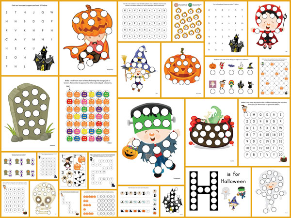 Halloween Do-a-Dot Printables: 27 pages of Halloween do-a-dot worksheets to help kids work on one-to-one correspondence, shapes, colors, patterning, letters, and numbers. #Halloween #DoADot #freeprintables || Gift of Curiosity