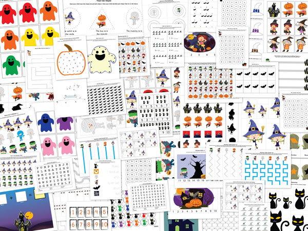Halloween Printable Pack with 72 activities for kids ages 2-7 focused on shapes, colors, sizes, puzzles, mazes, fine motor, math, literacy, and more! || Gift of Curiosity
