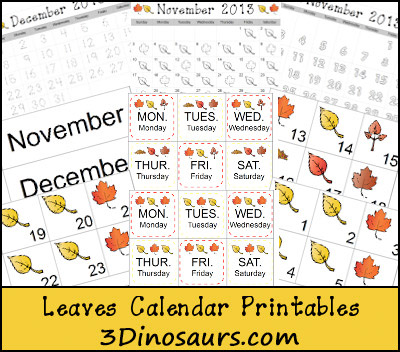 Fall activities for kids: Leaves calendar printables from 3Dinosaurs || Gift of Curiosity
