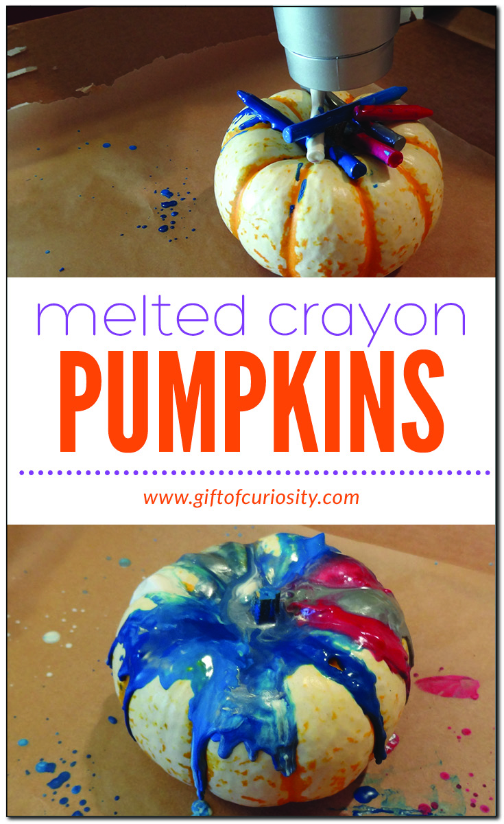 Melted crayon pumpkin decorating: a fun way to decorate pumpkins with kids while working on #finemotor skills and learning some #science! #Halloween #fall #pumpkins #handsonlearning #STEM #STEAM #giftofcuriosity || Gift of Curiosity