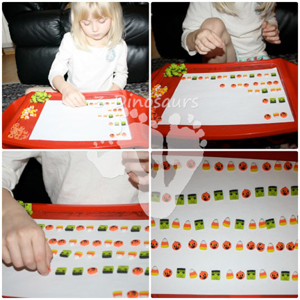 Use candy corn erasers to practice patterning and shape matching from 3 Dinosaurs