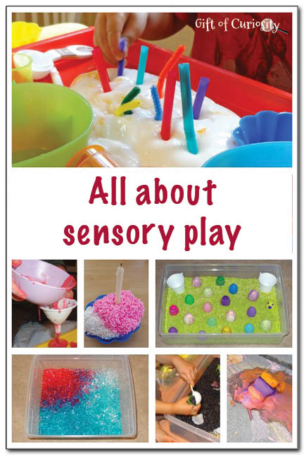 All about sensory play - the why, the how, and tons of sensory play examples. These sensory play ideas will keep my kids busy all year long! Will have to refer back to this resource during the year to get new sensory play ideas for my kids. || Gift of Curiosity