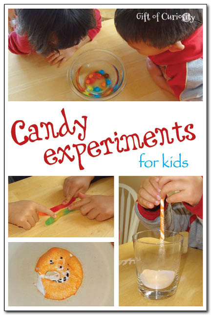 Candy experiments for kids - fun candy science activities with lots of ideas for using up leftover candy in ways that will spark kids' learning and teach them some basic science! #ece #kbn #handsonlearning #candyexperiments || Gift of Curiosity