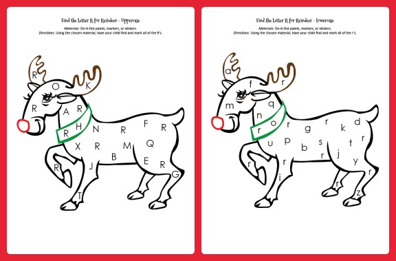 Find the Letter R for Reindeer: kids use do-a-dot markers, stickers, or crayons to find and mark the target letter || Gift of Curiosity