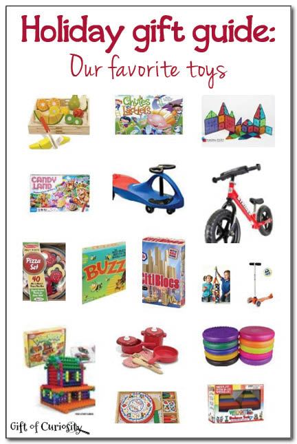 Holiday gift guide - favorite building toys, play kitchen accessories, board games, and gross motor toys from Gift of Curiosity || Gift of Curiosity