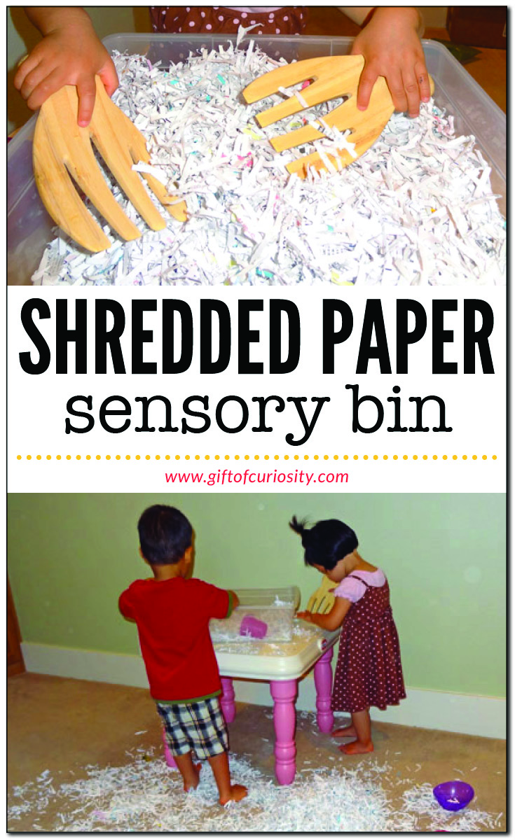 This shredded paper sensory bin provides simple, inexpensive, and fun sensory play for kids. (My kids enjoyed this bin for over an hour!!) #sensoryplay #ece #messyplay || Gift of Curiosity