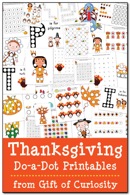 FREE Thanksgiving Do-a-Dot Printables: 29 pages of Thanksgiving do-a-dot worksheets for kids ages 2-6. Great for working on letters, numbers, colors, shapes, patterning, and more! #Thanksgiving #DoADot #freeprintables|| Gift of Curiosity