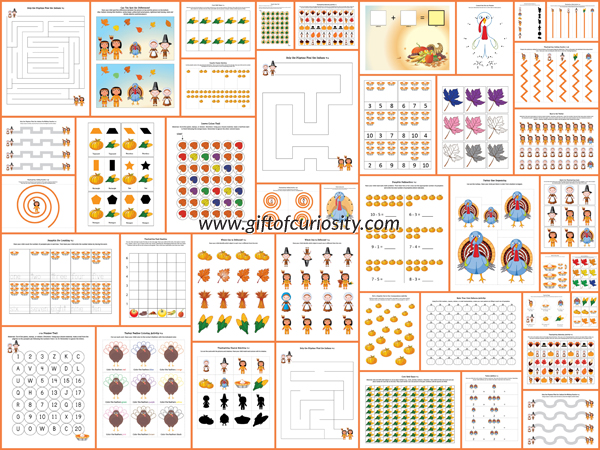 Thanksgiving Printable Pack with 73 activities focused on shapes, sizes, colors, puzzles, mazes, fine motor, math, and literacy for kids 2-7. Love the graphics and breadth of activities in this pack! || Gift of Curiosity