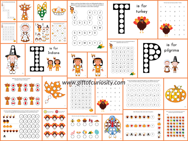 FREE Thanksgiving Do-a-Dot Printables: 29 pages of Thanksgiving do-a-dot worksheets for kids ages 2-6. Great for working on letters, numbers, colors, shapes, patterning, and more! #Thanksgiving #DoADot #freeprintables|| Gift of Curiosity