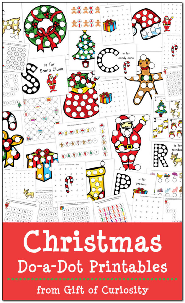 Christmas Do-a-Dot Printables: 35 pages of Christmas Do-a-Dot Worksheets for kids ages 2-6. Love the letter and number worksheets as well as the bright graphics in this pack! #freeprintables || Gift of Curiosity