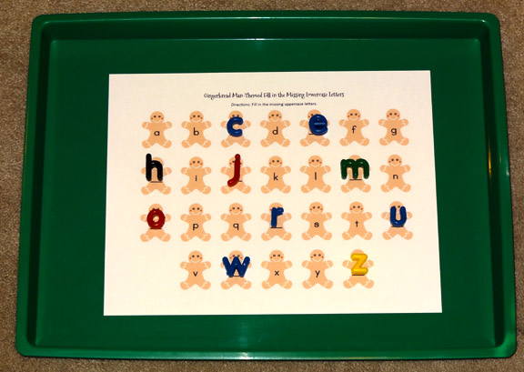 Montessori Christmas activities: Gingerbread man themed fill in the missing lowercase letters || Gift of Curiosity
