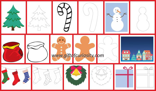 Free Christmas Play Dough Mats to inspire your children to get creative with their play dough this holiday season. Play dough mats promote fine motor skills development, sensory play, and creativity. These Christmas play dough mats include both color and black line options. || Gift of Curiosity