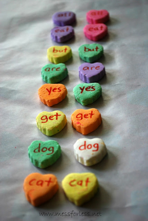 Conversation Hearts Candy Sight Word Matching Game from Mess for Less