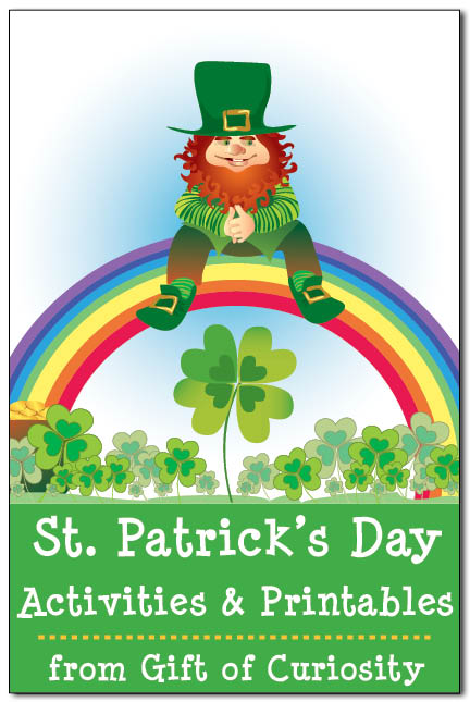 St. Patrick's day printables for kids with a leprechaun on a rainbow with shamrocks underneath it 