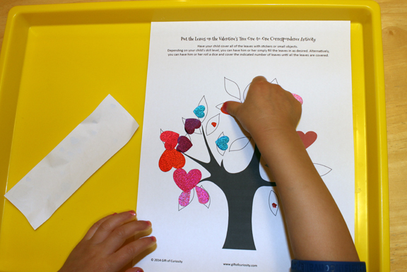 Valentine Montessori activities: Put the Leaves on the Valentine's Tree One-to-One Correspondence Activity || Gift of Curiosity