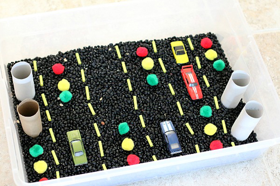 Car themed sensory bin from Buggy and Buddy