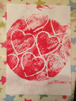 Printing hearts with styrofoam stencils from Lost and Found Things
