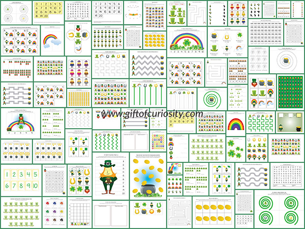 70 pages of St. Patrick's Day printables for kids ages 2 to 7. Cute graphics and so much learning and fun packed into one download! What a great St. Patrick's Day learning resource! || Gift of Curiosity