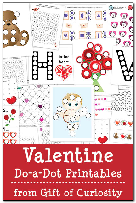 Free Valentine Do-a-Dot Printables: 19 printable and fun Valentine dot worksheets for kids ages 2-6. Download your free copy today! || Gift of Curiosity