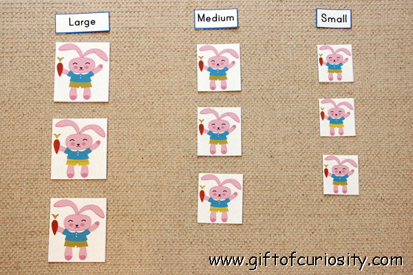 Easter Montessori activities: Sorting by size - #kbn #Easter #Montessori || Gift of Curiosity