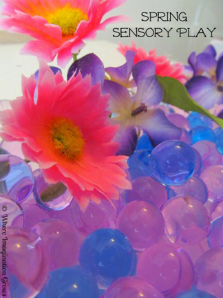 Spring water beads and flowers sensory bin from Where Imagination Grows