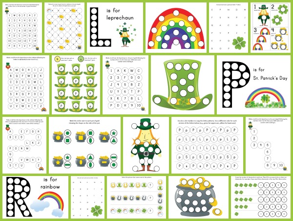 Free St. Patrick's Day Do-a-Dot Printables. This download includes 21 pages of St. Patrick's day worksheets with leprechauns, shamrocks, rainbows, and pots of gold for kids ages 2-6 || Gift of Curiosity