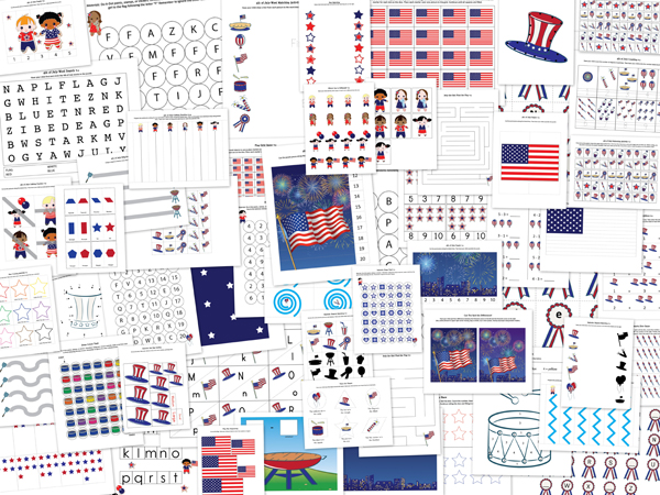 4th of July Printables Pack: A jam-packed downloadable file with 87 patriotic learning activities for kids ages 2-7. Perfect for celebrating and learning about America's Independence Day holiday! || Gift of Curiosity