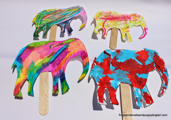 Elmer-inspired elephant stick puppets from FSPDT