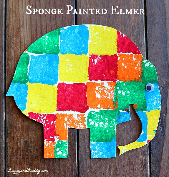 Sponge painted Elmer the elphant from Buggy and Buddy