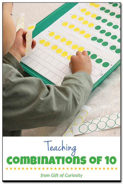 Teaching combinations of 10 - a fun way to teach kids about all the different addition combinations that equal 10. This activity also provides a great introduction to the commutative property of addition, which says that when two numbers are added, the sum is the same regardless of the order of the addends. #handsonmath || Gift of Curiosity