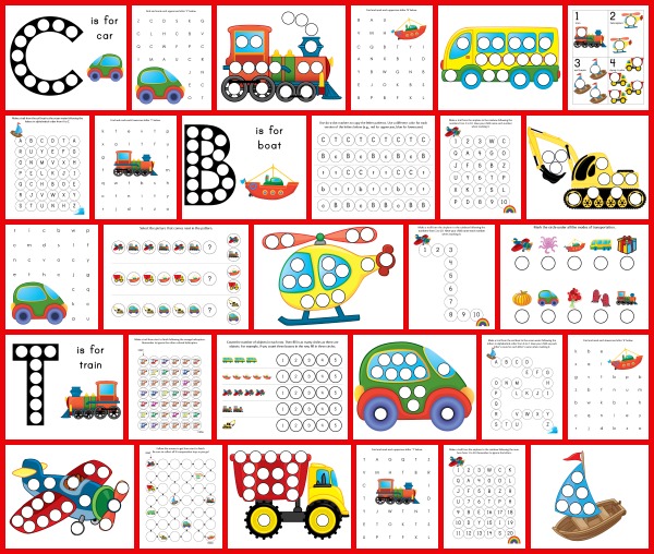 Transportation Toys Do-a-Dot Printables with 29 pages of do-a-dot worksheets featuring cars, trucks, buses, construction vehicles, trains, planes, helicopters, and boats || Gift of Curiosity