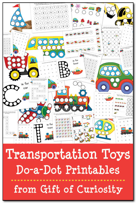 Transportation Toys Do-a-Dot Printables with 29 pages of do-a-dot worksheets featuring cars, trucks, buses, construction vehicles, trains, planes, helicopters, and boats || Gift of Curiosity