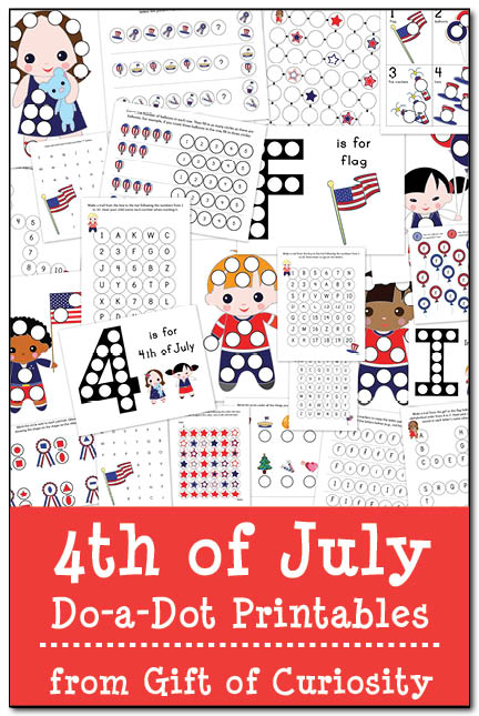 FREE 4th of July Do-a-Dot Printables: 24 pages of patriotic do-a-dot worksheets to help kids work on letters, numbers, shapes, colors, and more! #DoADot #IndependenceDay || Gift of Curiosity