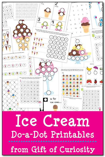 FREE Ice Cream Do-a-Dot Printables: 20 ice cream do-a-dot worksheets to help kids work on shapes, colors, one-to-one correspondence, letters & numbers. Yum! #DoADot #icecream || Gift of Curiosity